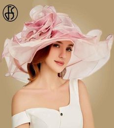 FS Pink Kentucky Derby Hat For Women Organza Sun Hats Flowers Elegant Summer Large Wide Brim Ladies Wedding Church Fedoras T2006023696947