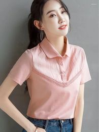 Women's Polos Polo Shirts Button Plain Baggy T-shirts Pink Y2k Fashion Casual Tops On Female Tee Offer Youthful Clothes Korean