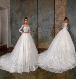 Modest Elegant Jewel Long Sleeve Lace Applique Wedding Dresses Bride Gowns Sweep Train Vintage Bridal Gowns6371476