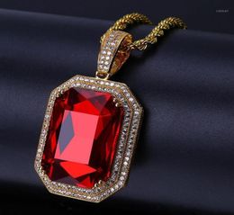 Pendant Necklaces Hip Hop Paved Cubic Zirconia Iced Out Bling Red Stone Geometric Pendants Necklace For Men Rapper Jewellery Gold Si8475400