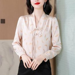 Women's Blouses Satin Shirts Spring/summer Printed Chinese Style Loose Long Sleeves Women Tops V-neck Vintage Clothing YCMYUNYAN