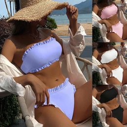 Women's Swimwear 2024 Ruffle Trim Swimsuit High Waist 2-piece Bikini Set Sexy Solid Colour Strapless Beachwear Bathing Suit