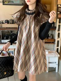 Casual Dresses Onalippa Wood Ear Hem Plaid Mini Dress Ruffles Flying Sleeves Contrast Loose Korean Chic Design Sweet Pullover Women