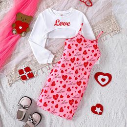 Clothing Sets 2024 Set Girls Long Sleeve O Neck Letter T-shirt Print Heart Pink Dress 2 Pcs Casual Clothes 18M-7T