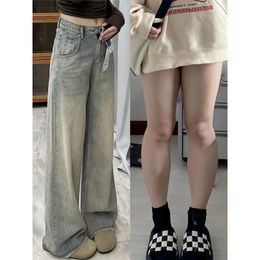 Vintage yellow clay colour raw edge wide leg high waist thin loose large size drape straight drag trousers jeans female summer