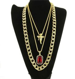 Micro Angel Red Stone Cuban Link Chain 3 Necklace Set Gold Plated Necklace Jewellery Hip Hop Necklace For Men Women KKA18394532473