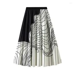 Skirts 100 Pleated Skirt Women's Mid Length Design Black And White Color Contrast Irregular Stripes Slim Retro Long