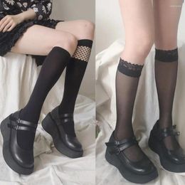 Women Socks Fashion Elastic Fishnet Mesh Net Cosplay Costumes Accessories Lolita Black White Knee High Lace Bow