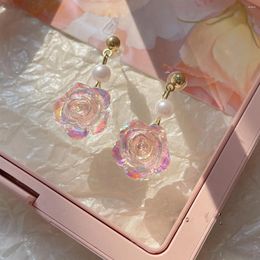 Stud Earrings Summer Laser Pearl Camellia Female Silver Needle Sweet Fairy All Match Small Fresh Girl Heart Wholesale