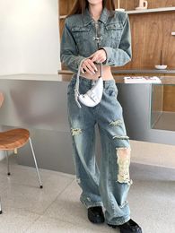 Women's Jeans 2024 Spring High Waist Ripped Denim Pants Loose Wide Leg Straight Mopping Female Jean Trousers American Style Vintage