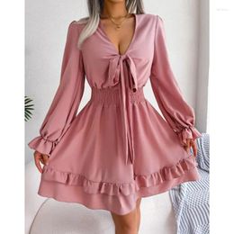 Casual Dresses 2024 Summer Leisure Lace Up Waist Wooden Ear Large Swing Dress Women Sexy Deep V Neck Lace-Up Mini Vestidos De Mujer