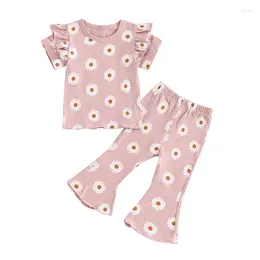 Clothing Sets Girls Summer 2PCS Pants Flying Sleeve Small Floral T-shirt O Neck Daisy Print Tops Flared