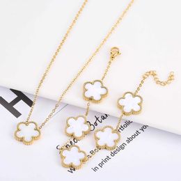 Chain Double Sided 15mm Jewelry Set Plum Blossom Plant Five Leaf Flower Womens Luxurious Bracelet Necklace Stainless Steel Clover H240504