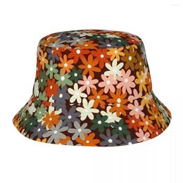 Berets 70s Ombre Flower Flied Bucket Hat Medium Scale Streetwear Fisherman Caps Travel Hiking Sun Hats For Unisex Casual Pattern Cap