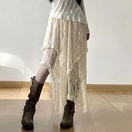 Skirts Spicy Girl Y2k Lace Asymmetrical Skirt Summer Spring High Waist Beige Pleated Chic Slim Fit Bohemian Style Midi Cake