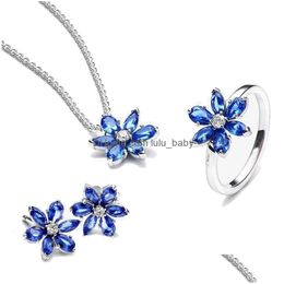 Pendant Necklaces S925 Sterling Sier Sparkling Sea Blue Herbarium Cluster Necklace Ring Stud Earrings Jewelry Set For Women Girl Dro Dh5Zi