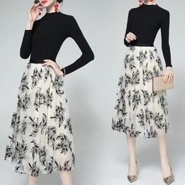 Skirts Elastic Waist Skirt High Midi Elegant 3d Embroidered Leaf Print A-line With Double-layered Mesh For Women