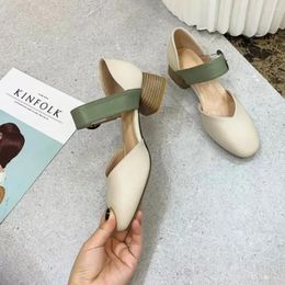 Dress Shoes Women's Chunky Heels Normal Leather Casual Block Heel Office Square Toe Ladies Footwear With Medium Green Slip On Offer L