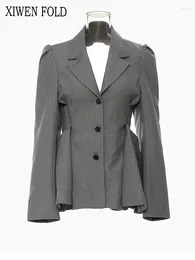 Women's Suits XIWEN Grey Backless Mesh Ruffles Elegant Blazer Women Lapel Long Sleeve Loose Fit Jacket Fashion Spring Autumn 2024 XF2025