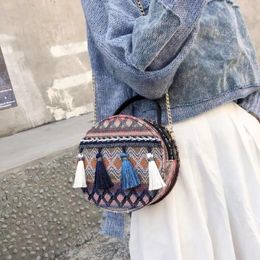 Shoulder Bags Bohemian Satchel Leisurely Bag For Women Mini Round Solid Colour Plaid Handbags Small Tassel Crossbody