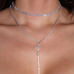 Chains Fashion Double Layer Rhinestone Cross Choker Necklace For Women Hip Hop Jewellery Crystal Long Tassel Christmas Gift