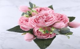 30cm Rose Pink Silk Peony Artificial Flowers Bouquet 5 Big Head and 4 Bud Cheap Fake Flowers for Home Wedding Decoration indoor 8 9183600