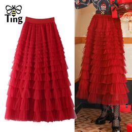 Skirts Tingfly Runway Designer Fashion Elastic High Waist Cascading Ruffles Layered Midi Women Casual Street Basic Wear Bottoms