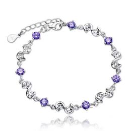 Chain JewelryTop Store 925 Sterling Silver Bracelet Jewellery White Purple Retro Wedding Shaped Cubic Zirconia Length 17CM+4CM H240504