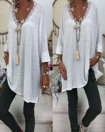 2019 New Summer Autumn Women Long Sleeve V Neck Blouses Soft Loose Long Shirt Tops Pullover Lace Sexy Blouse Plus Size 9454861