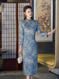 Ethnic Clothing 2024 Chinese Traditional Printed Retro Cheongsam Autumn And Winter Long Slim-fit Daily Long-sleeved Improved Qipao Dress