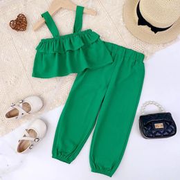 Clothing Sets 2024 Child Clothes Sleeveless Ruffles Tops Green Trousers 2 Piece Designer Girls Set 18M-7T