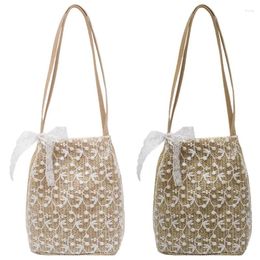 Shoulder Bags 2 Pcs Lace Straw Woven Women's Bag Fashion Bohemian Handbag Large Capacity Travel Beach Beige & Khaki