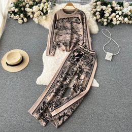 Women's Two Piece Pants 20244 2 Pieces Set Knitted Animal Print Sets Women O Neck Long Sleeve Knitwear Wide Leg Casual Patch Fashion
