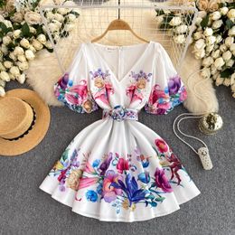 Basic Casual Dresses Summer Bohemian Flower Short Dress Women V-neck Puff Sleeve Floral Print High Waist A-line Belt Holiday Boho Mini Vestidos 2024