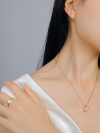 Necklace Earrings Set Gold Plated Stainless Steel Cute Rotatable Deer Zirconia Ring Ear Stud Fashion Jewellery Gifts