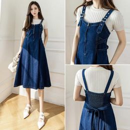 Casual Dresses Blue Versatile Denim Strap Dress Women's Chest Zippers Decor Mid Length Slim Elastic Waist At The Back