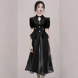 Work Dresses Elegant Office Lady 2 Piece Set Korea Black Skirt Luxury Women Short Sleeve Straight Shoulder Top Midi Glossy Mesh