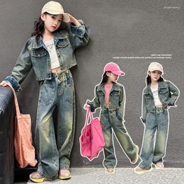 Clothing Sets Korean Spring Autumn School Girl Denim Suit Teenager Single-breasted Jacket Wide-leg Pants Junior 2-Piece