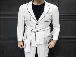 Men Casual Pak Long Jacket Twopiece Black and White All Years Jas Broek Belt2104443