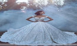 Luxury Ball Gown Wedding Dresses Off the Shoulder Full Lace Illusion Bodice Backless Bride Gowns Cathedral Train3037008