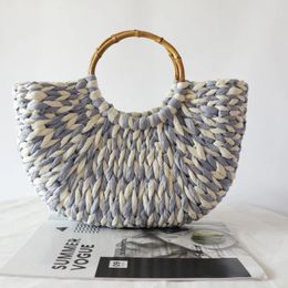 2023 Summer Bamboo Handle Blue White Grass Woven Bag Round Dou Beach Handheld Womens Shoulder 240430