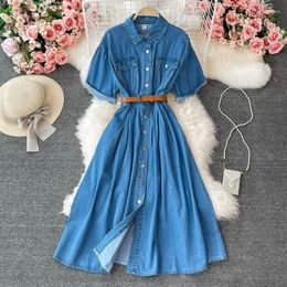 Party Dresses Summer Solid Slim Vintage Sort Lady Dress A Line Single Breasted Turndown Collar Women Mid-Calf 600g