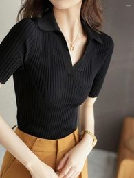 Women's Polos Woman T Shirt Plain Slim Knitted Black Polo Neck Women Casual Tops Korean Clothes Clothing Basic Synthetic Aesthetic