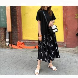 3021 Summer Casual Large Size Womens Short Sleeved T Shirt Stitching Printed Dress Round Neck Fake Two Piece 912