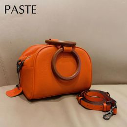 Bag 2024 Round Handle Wrist Chic Fashion Design Natural Leather Women Shoulder Crossbody Orange Daily Handbag