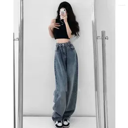 Women's Jeans Loose Wide Leg Blue Woman With Buckle Floor Length Slouchy High Waist Adjustable Korean Retro Slimming Pants