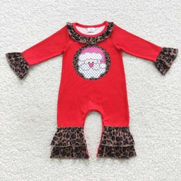 Clothing Sets Girls Wholesale Christmas Romper Santa Claus Leopard Lace Red Long Sleeve Jumpsuit