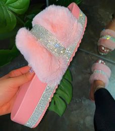 Bling Women039s Plush Slippers Fur Slides for Woman Rhinestones Outdoor Flat Women Platform Sandals Casual Shoes Plus Size 433438497