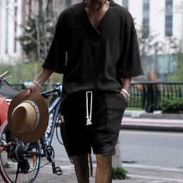 Men's Tracksuits Jogging Suit With Pockets V-neck Short Sleeve T-shirt Drawstring Waist Shorts Set For Sportswear Twist Pattern Loose Fit