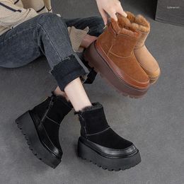 Boots 6cm Winter Platform Wedge High Heels Plush Moccasins Autumn Women Shoes Booties Genuine Leather Ankle Snow